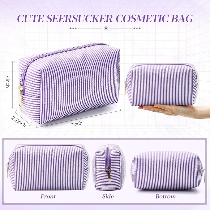 Sanwuta 6 Pcs Seersucker Cosmetic Bags Bulk Seersucker Makeup Bags Stripe Women Pouch Large Preppy Storage Pouch Toiletry Travel for Wedding Bridesmaid Bride Favor Back to Teacher Gift (Purple)