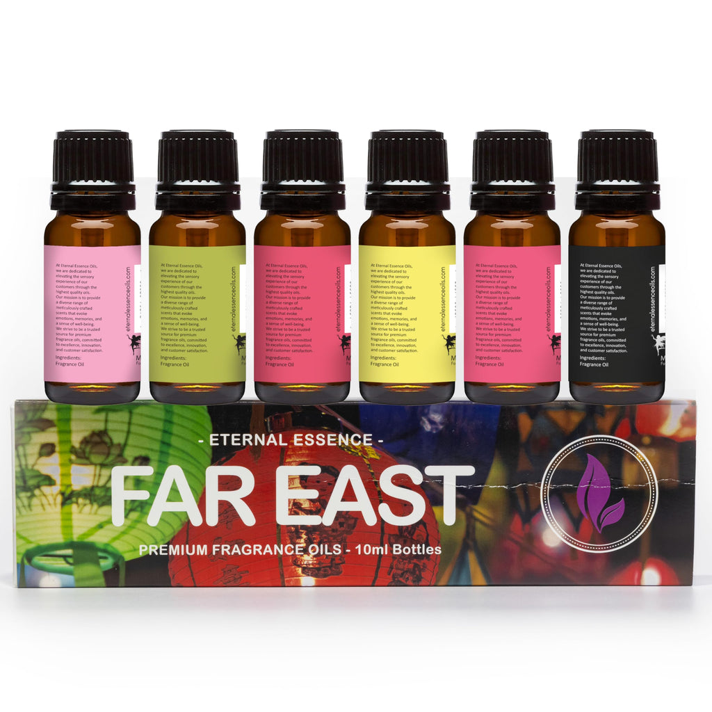 Eternal Essence Oils Far East Set of 6 Premium Fragrance Oils - Includes Water Lily, Bamboo & Teak, Frangipani, Azalea, Ylang Ylang and Dragon's Blood Scented Oils - 10ML