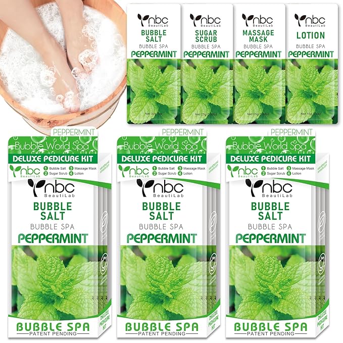 nbc BeautiLab Pedicure Kit Foot Soak Set: Bubble Salt, Sugar Scrub, Massage Mask, Massage Lotion in a Box, 4 Step Foot Spa Kit for Dry Feet, Calluses and Tired Feet（3 Set Peppermint）