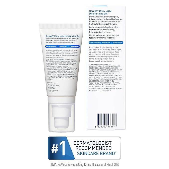 CeraVe Ultra-Light Moisturizing Gel, Hydrating Gel Face Moisturizer For Men & For Women with Ceramides, Niacinamide, Hyaluronic Acid, Fragrance Free, Oil-Free, Mattifying Moisturizer, 1.75 FL Oz