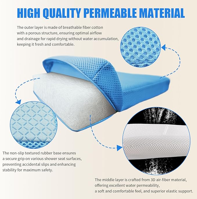 Gwremzlox Shower Seat Cushion,Thickened Shower Chair Cushion 4D Air Fiber Material,Machine Washable and Fast Drying Suitable for Shower Seats Bathtub Baths, Poolside & Rest Dressing Room Seats，Blue