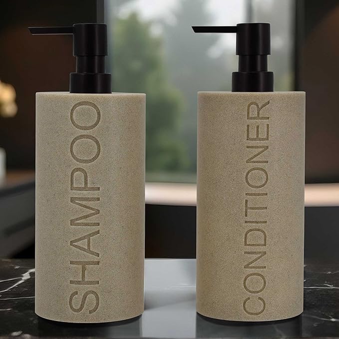 Indecor Home Resin 2 Pack Shampoo, Conditioner or Body Wash Dispenser Set, Luxurious Refillable Pump Bottles with Matte Pump Top and Embossed Text, Durable Design for Bathroom and Shower