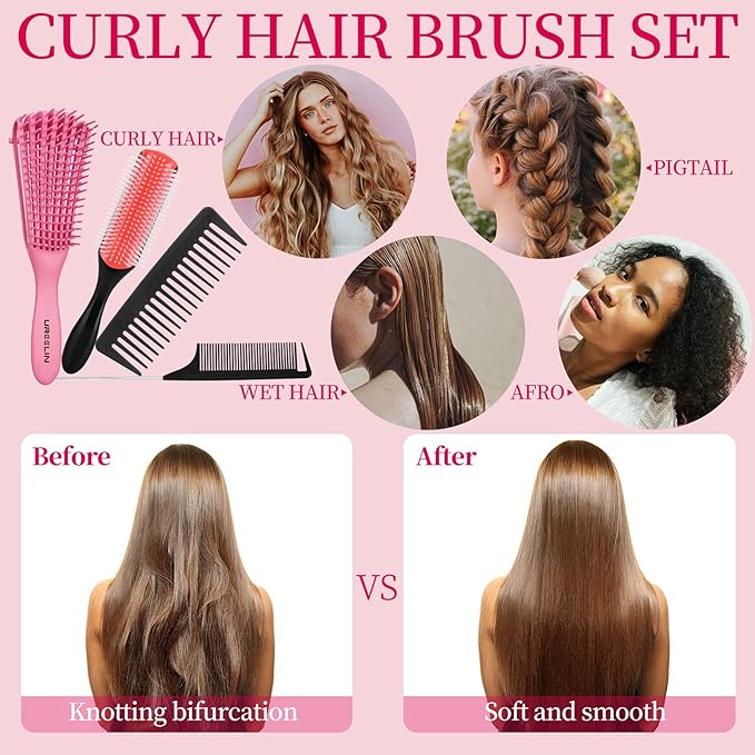 hair Brush Set for Afro America/African Hair, Textured 3a to 4c -Detangler Brush,9 row hair brush,Wide Tooth Comb,Rat Tail Comb (Pink)