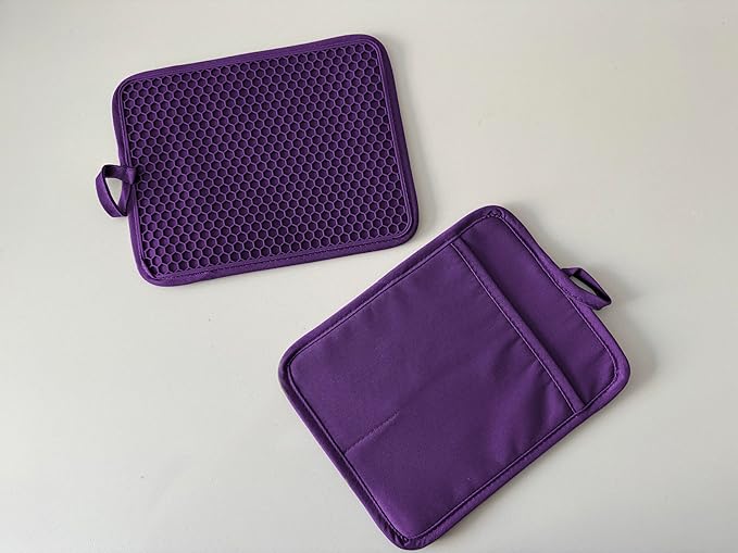 VEIKERY Oven Pot Holder with Pocket Cotton Heat Resistant Coaster Potholder Kitchen Hot Pad Oven Mitts for Cooking and Baking Square 7"x9" (Purple, Silicone)