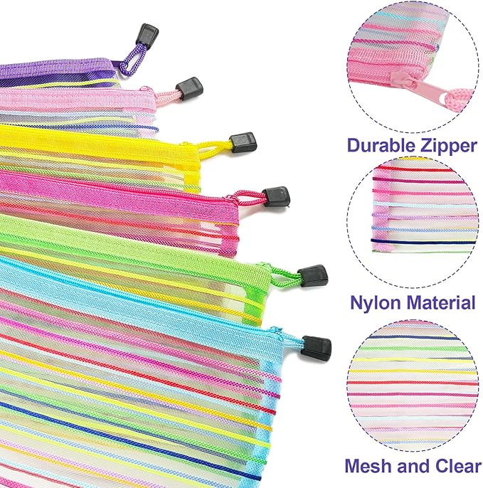 CarryEpic Mesh Bags with Zipper (6 Pack), Small Nylon Makeup Bag Cosmetic Pouches Travel Organizer for Purse Diaper Bag Home Organizing Striped Mix 6 Colors