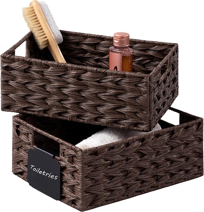 UBBCARE Storage Baskets with Label, Wicker Pantry Baskets for Shelves, Waterproof Woven Basket for Organizing, 2-Pack Plastic Rectangle Organizers with Handles, Dark Brown (10L×8H×4W)