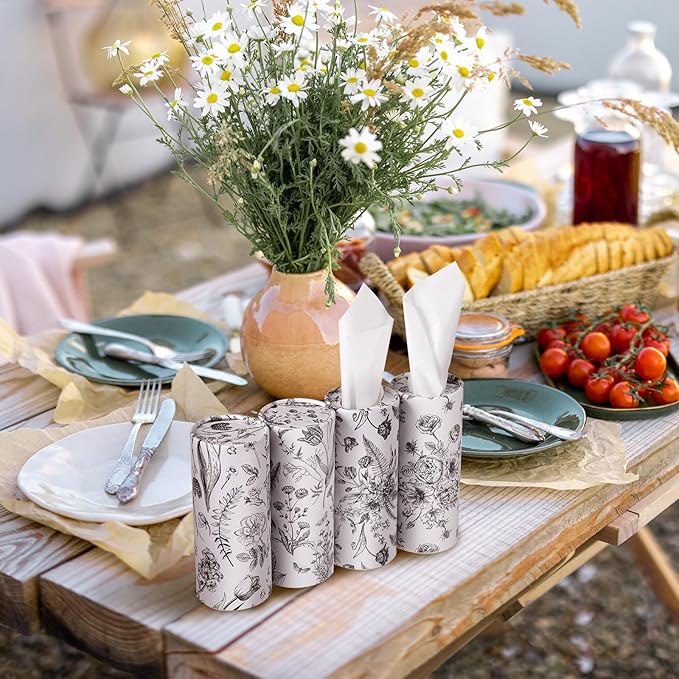 Zonon 4 Pcs Vintage Floral Car Tissue Cylinder with 240 Sheets 3 Ply Facial Tissue Bulk Black and White Round Tissues Holder Box Travel Tubes for Car Cup Holder Round Container