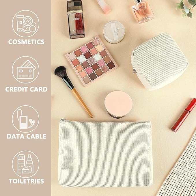 Fammart Corduroy Makeup Bag, Travel Cosmetic Bag Organizer Toiletry Bag Make Up Bags with Zipper & Compartments for Women Girls, 2PCS