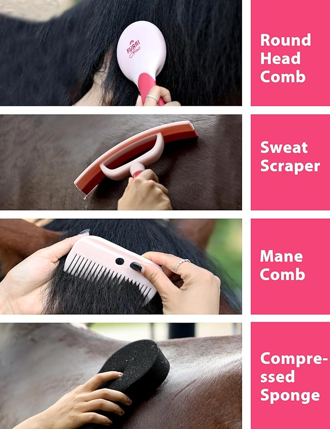 9-Piece Horse Grooming Brush Kit, Silicone Curry Comb & Grooming Brushes for Daily Care, Bathing & Shedding Pink Garnet