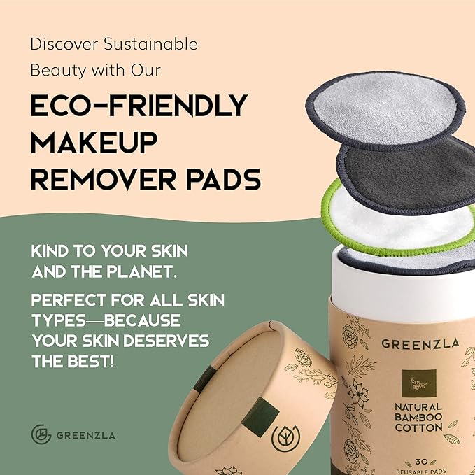 GREENZLA Reusable Makeup Remover Pads | 30 Pack | Bamboo Cotton Rounds