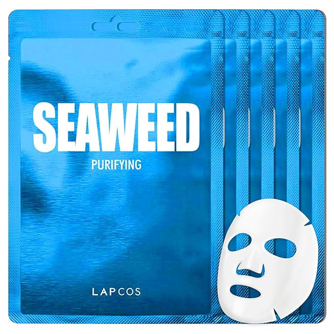 LAPCOS K Beauty Seaweed Sheet Mask - Purifying & Hydrating Face Masks with Hyaluronic Acid & Squalane for Dull, Dry Skin & Uneven Texture - Highly Breathable Lyocell Sheet Korean Skin Care (Pack of 5)