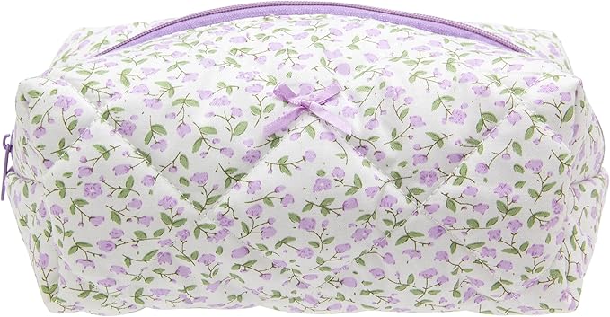 PAZIMIIK Cozy Makeup Bag for Women,Zipper Cosmetic Pouch,Floral Purple