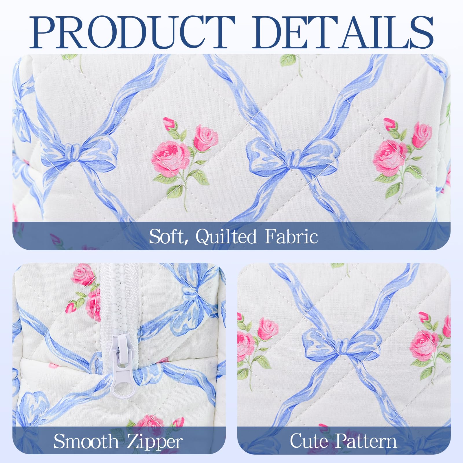 Quilted Makeup Bag Floral Cotton Make up Bag Puffy Coquette Makeup pouch Aesthetic Cute Travel Toiletry Bag for Women Girls