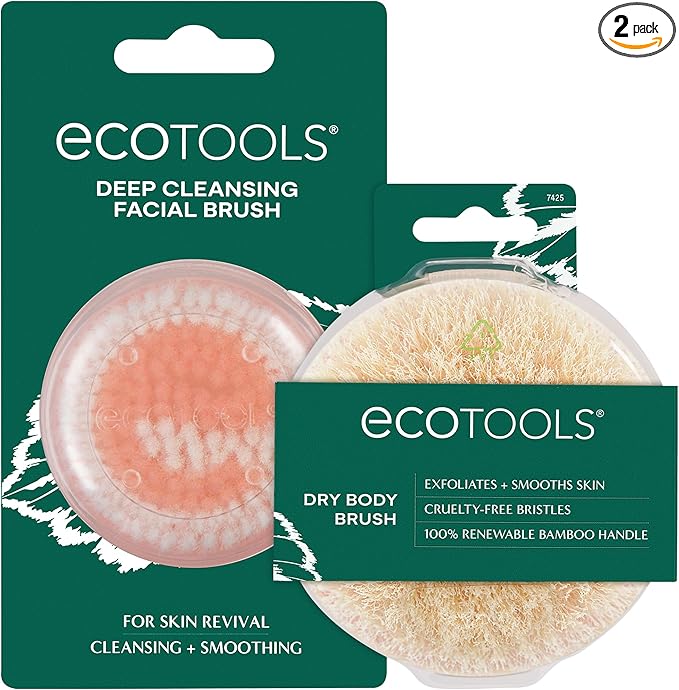 EcoTools Deep Cleansing Facial Brush, Makeup Remover Tool + Dry Brushing Body Brush for Circulation, Cellulite Massage, Dead Skin Removal, Self-Care Gifts, Natural Beige, Synthetic