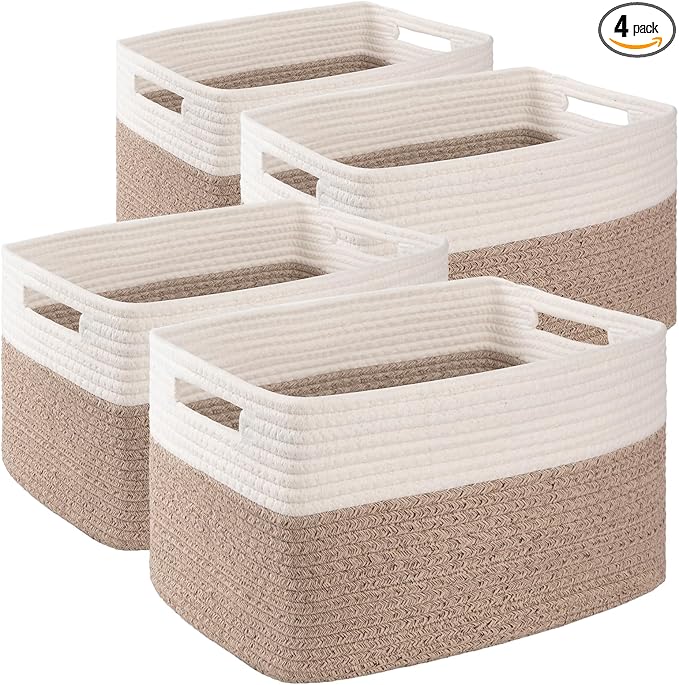 SIXDOVE 4 Pack Storage Baskets for Organizing, Woven Baskets for Shelves - Perfect for Toys, Books, Towels, and Clothes, Durable Gift Basket Bins Toy Storage, 15.7''Lx11.8''Wx7.8''H, Brown & White