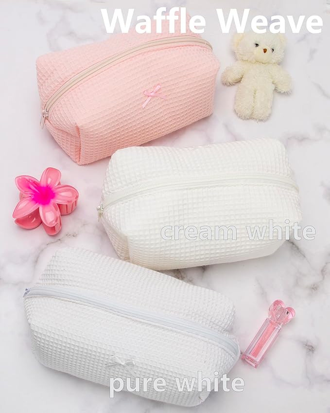 Cozy Makeup Bag for Women,Zipper Cosmetic Pouch,Waffle Cream White,6 Pack