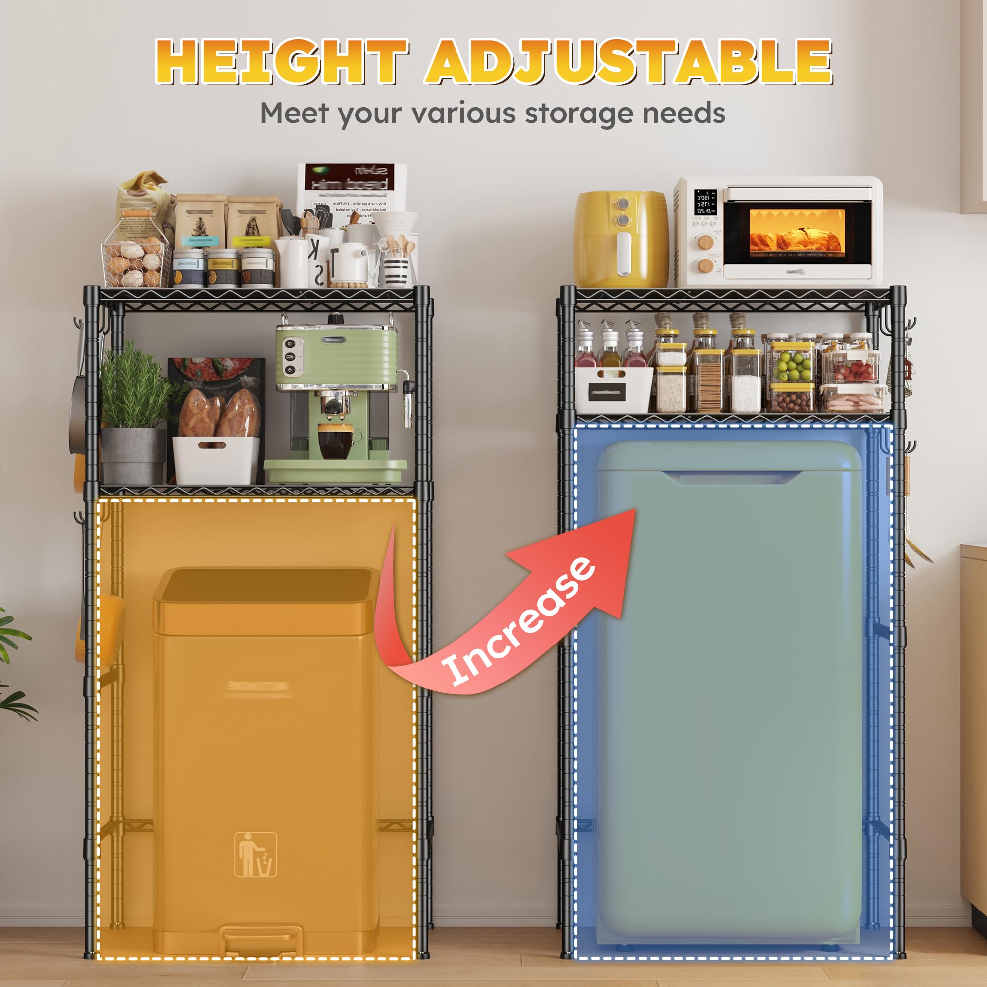 REIBII Mini Fridge Shelf with Storage, 2-Tier Adjustable Metal Shelving Unit with 8 Hooks,176 LBS Heavy Duty Organizer Rack for Dorm Room,Apartment, Kitchen and Office,52.36" H x 26.38" W x 18.1" D