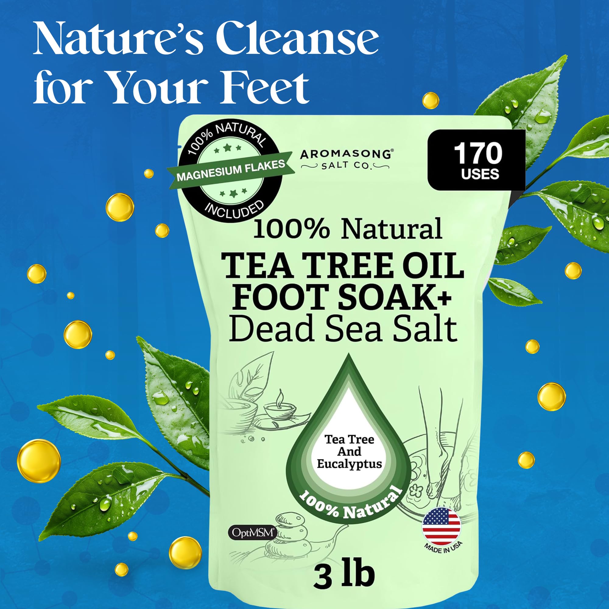 Aromasong Tea Tree Foot Soak with Magnesium Flakes and Dead Sea Salts - Pedicure Foot Soak with Tea Tree Oil for Foot Care, Refreshing Soak for Soft Smooth Feet, Packaging May Vary