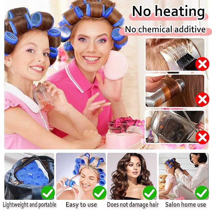 4 Sizes Self-Grip Hair Rollers Set with Clips - 4 Sizes for Long, Short Hair & Bangs (25mm, 36mm, 48mm, 60mm), (Blue, 4 Sizes)