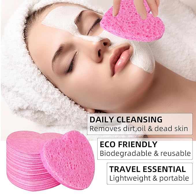 Silkyhose Women 120-Count Compressed Cellulose Heart Shape Face Facial Sponges 100% Natural Cosmetic Sponges for Facial Cleansing Exfoliating Mask Skin Massage (（Pink） 120 Count)