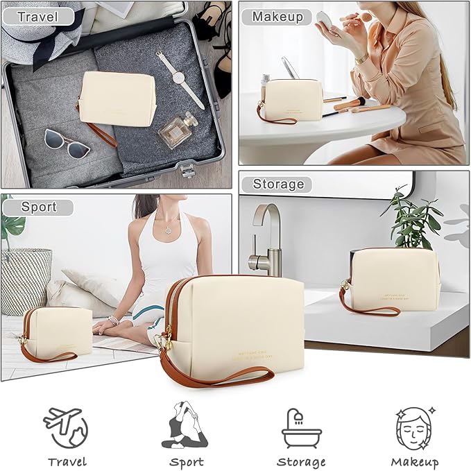 JINSI Small Makeup Bag Travel Cosmetic Bag Toiletry Zipper Pouch Make Up Organizer Bag with Handle Purse for Women Soft PU Leather Skincare Case (Beige)