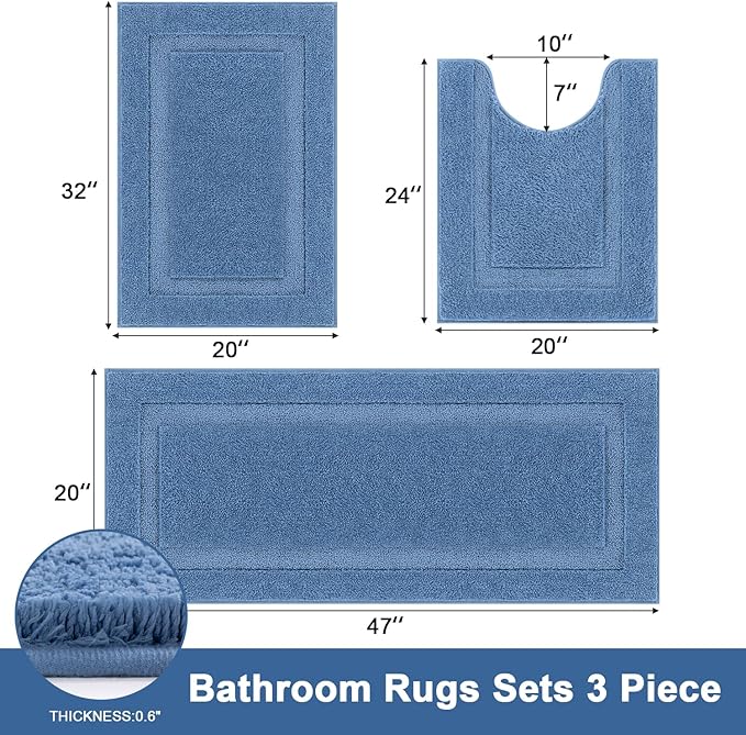SHACOS Blue Bathroom Rugs Sets 3 Piece Bath Mat U Shaped Toilet Rug