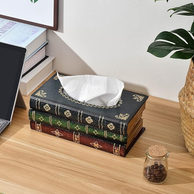 Crafted Classical Retro Wooden Antique Book Tissue Box Cover Rectangular Tissue Holder Dispenser Paper Cover Case Napkin Holder Home Decor for Bathroom Living Room Office car Kitchen (Dark Green)
