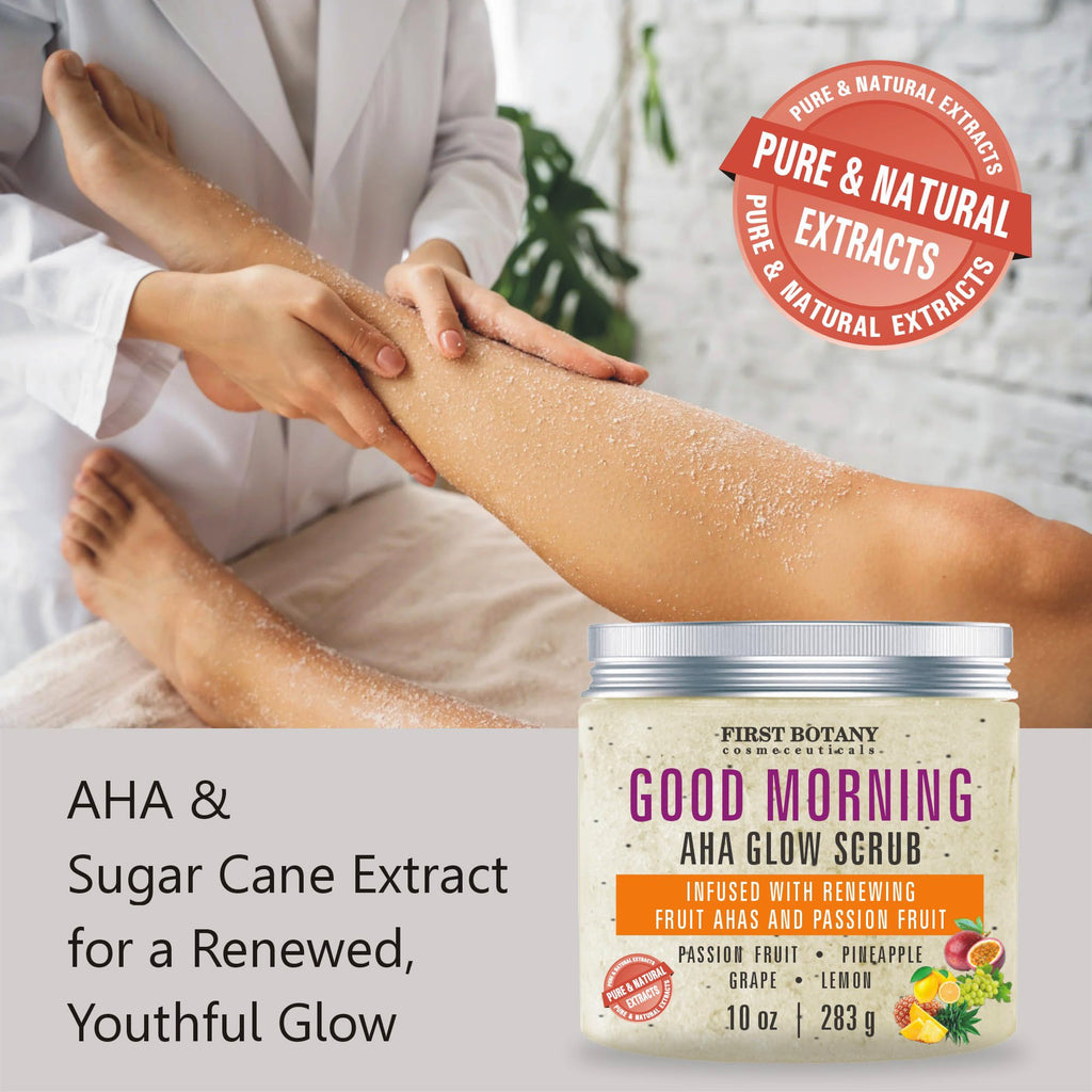 First Botany Body Scrub - Natural Exfoliating Salt Scrub & Body and Face Souffle helps with Moisturizing Skin, Acne, Cellulite, Dead Skin Scars, Wrinkles (10 fl oz, AHA Passion Fruit)