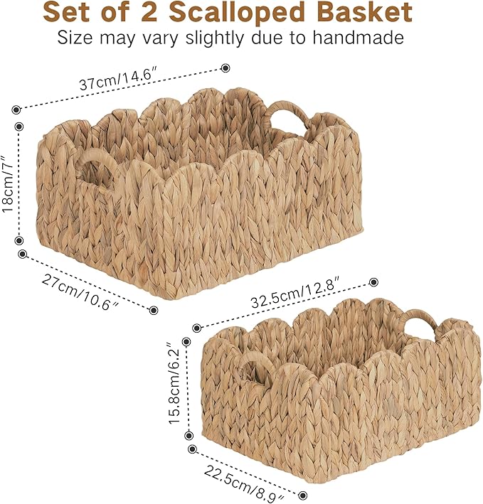 Scalloped Wicker Basket, Set of 2 Woven Rattan Natural Water Hyacinth Baskets with Built-in Handles, Rectangle Storage Baskets for Organizing, Decor, Shelf and Nursery Room