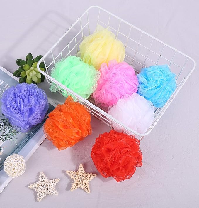 Bath Sponges, Small Size Colorful Shower Sponges Exfoliating Mesh Pouf Bath Ball Body Scrubber for Travel Pack of 8