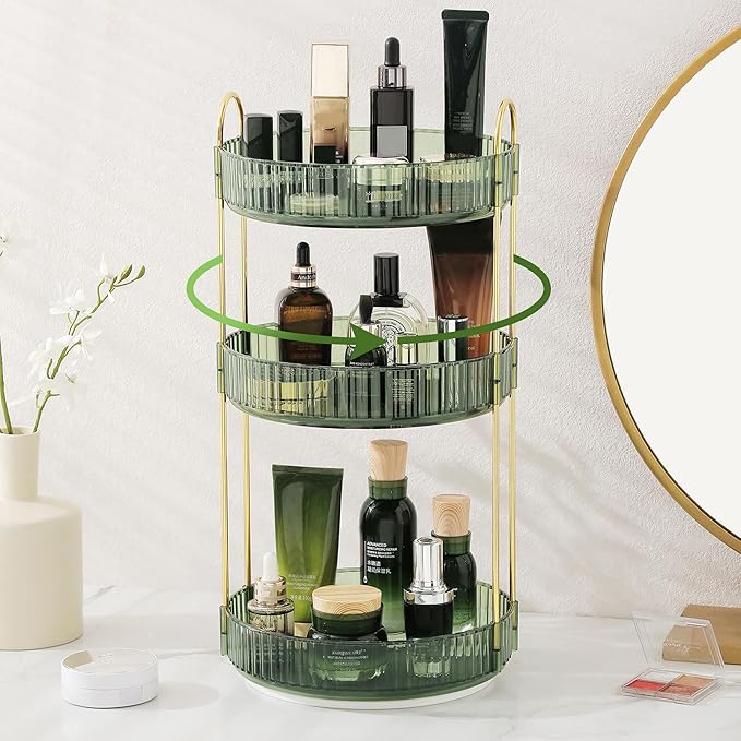 Aveniee Rotating Makeup Organizer for Vanity, Perfume Skin Care Organizers Large, Bathroom Counter Make Up Cosmetic Storage, Clear Spinning Skincare Lipstick Holder,3 Tiers, Green