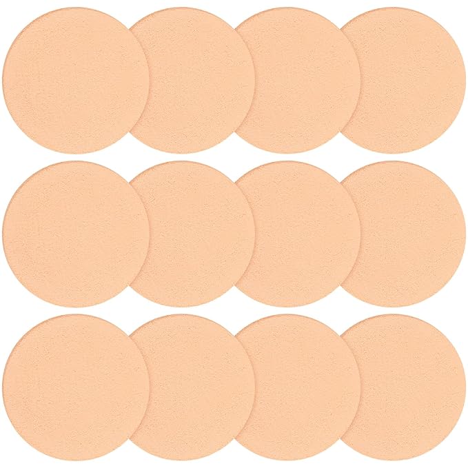 12 PCS Nude Round Makeup Sponge Flat Make Up Sponges Smooth Cosmetic Sponge Facial Powder Puff Eye Foundation Beauty Makeup Pads for Women Lady All Skin Types Wet and Dry Dual Use