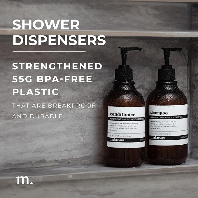 Shampoo and Conditioner Bottles Set of 3 Amber Black – Shower Shampoo Dispenser – Hotel Style Bathroom Upgrade by MaisoNovo