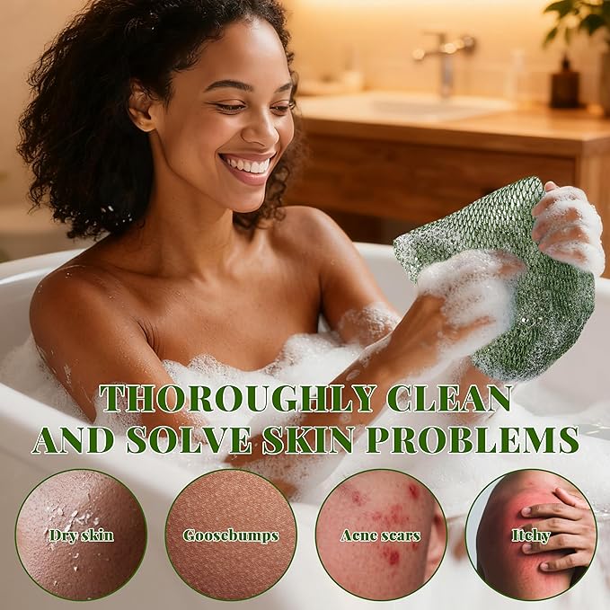 African Net Sponge Authentic, 3 Pieces Exfoliating Scrubber Bath Sponge for All Skin Types, Back Scrubber Loofah Washcloth for Shower, Gentle Exfoliation (Dark Green,Light Green,Purple)