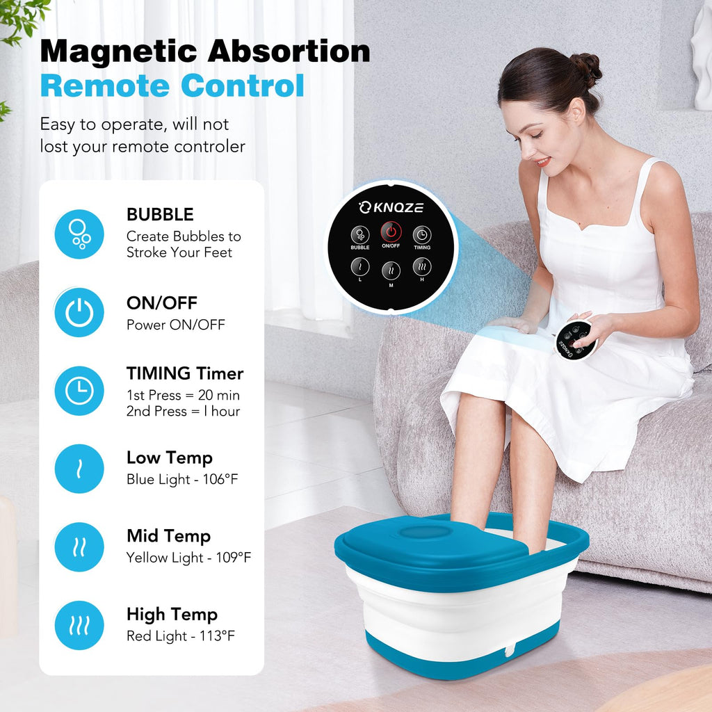 KNQZE Collapsible Foot Spa Bath with Heat & Bubble, Foot Soaking Tub with Timer and Red Light, 16 Rollers & Pumice Stone, Enjoy Warm Water Foot Bath, Gift for Wife and Mom, Blue