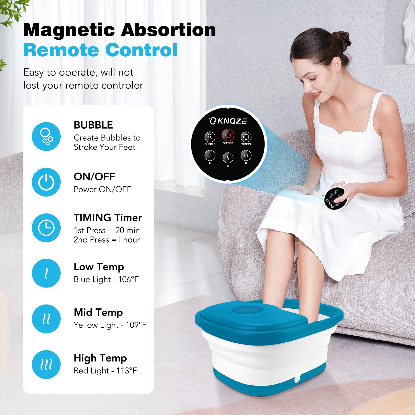 KNQZE Collapsible Foot Spa Bath with Heat & Bubble, Foot Soaking Tub with Timer and Red Light, 16 Rollers & Pumice Stone, Enjoy Warm Water Foot Bath, Gift for Wife and Mom, Blue