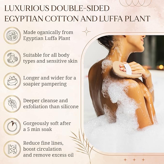 CraftsOfEgypt Egyptian Natural Loofah Body Scrubber Pads, Double Sided Luffa Sponge for Women and Men, Deep Scrubbing Shower Face Back and Body, Loofa Luffah Exfoliation Pads – 6.9x4.7 Inches, 2 Pack