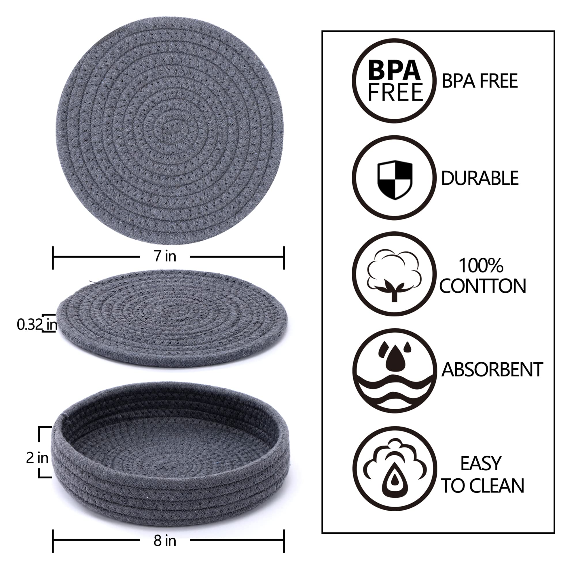 Coga Trivets for Hot Dishes, 4 Pack 7 Inch Cotton Hot Pads for Kitchen with Storage Basket, Round Pot Holders for Kitchen, Heat Resistant Mats for Countertop, Pots and Pans, Farmhouse Decor, Grey