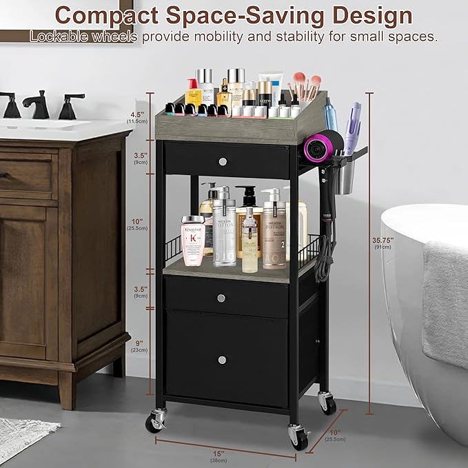 NauwaBarn Makeup Organizer Cart with 3 Drawers, Rolling Cosmetic Storage Cart with Adjustable Dividers, Detachable Hair Tool Holder & Lockable Wheels, Vanity Organizer for Small Spaces, Black & Grey