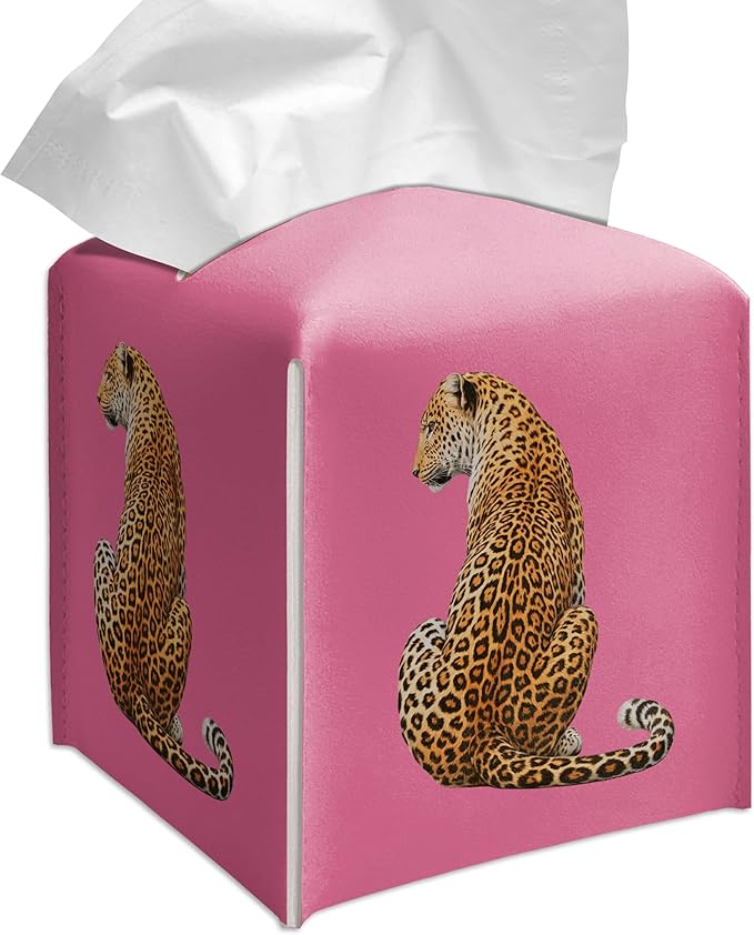 Grace Yonks Cute Tissue Box Cover Square - Leopard Cat Print on Hot Pink Background Design 5.2" PU Leather Holder for Vanity, Desk, or Bathroom Counter - Cube Case for Facial Tissues(015)