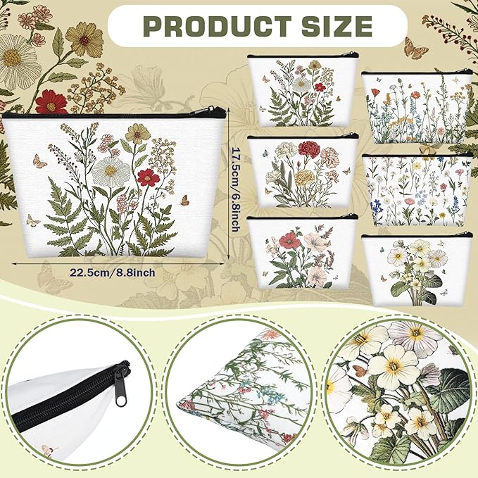 Sweetude 12 Pcs Flower Makeup Bags Bulk Portable Travel Cosmetic Bags with Zipper Wildflower Floral Waterproof Roomy Travel Toiletry Organizer Storage Pouch for Women Birthday Party Gifts