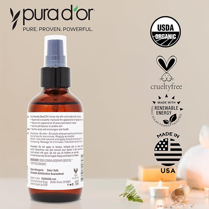 PURA D'OR ORGANIC Rosehip Seed Oil 100% Pure Cold Pressed USDA Certified For Hair, Skin, Scalp, Anti Aging Face & Body - Hexane Free Glass Bottle - 4 Oz - Hair Regrowth Tonic