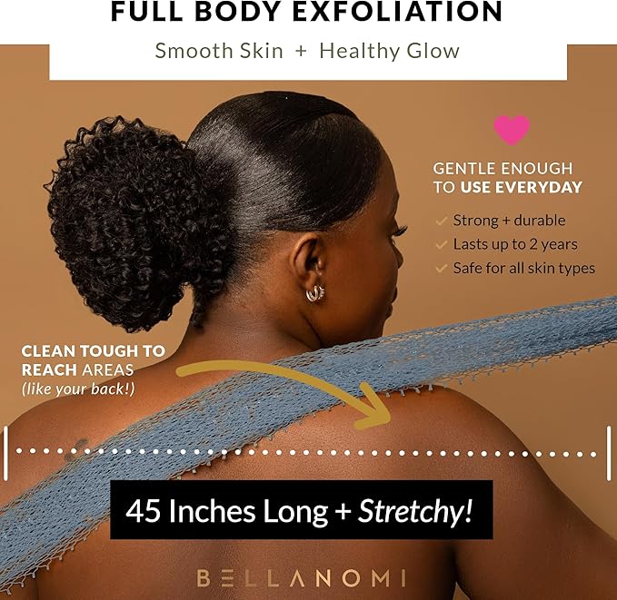 BELLANOMI African Exfoliating Net Sponge, Authentic, Ethically sourced from Nigeria, 45 inches Long, Back Scrubber for Daily use (Slate)