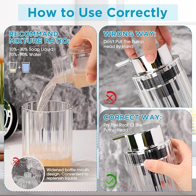 Potchen 2 Pcs Refillable Foaming Hand Soap Dispenser 10 oz Plastic Dispenser Pump Lotion Foaming with Silver Pump for Bathroom Vanities Kitchen(Clear)