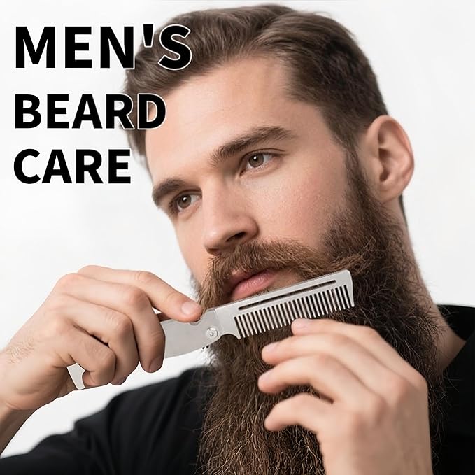 Metal Beard Comb for Men, Folding, 201 Steel, Laser-Etched Handle, 0.17lb