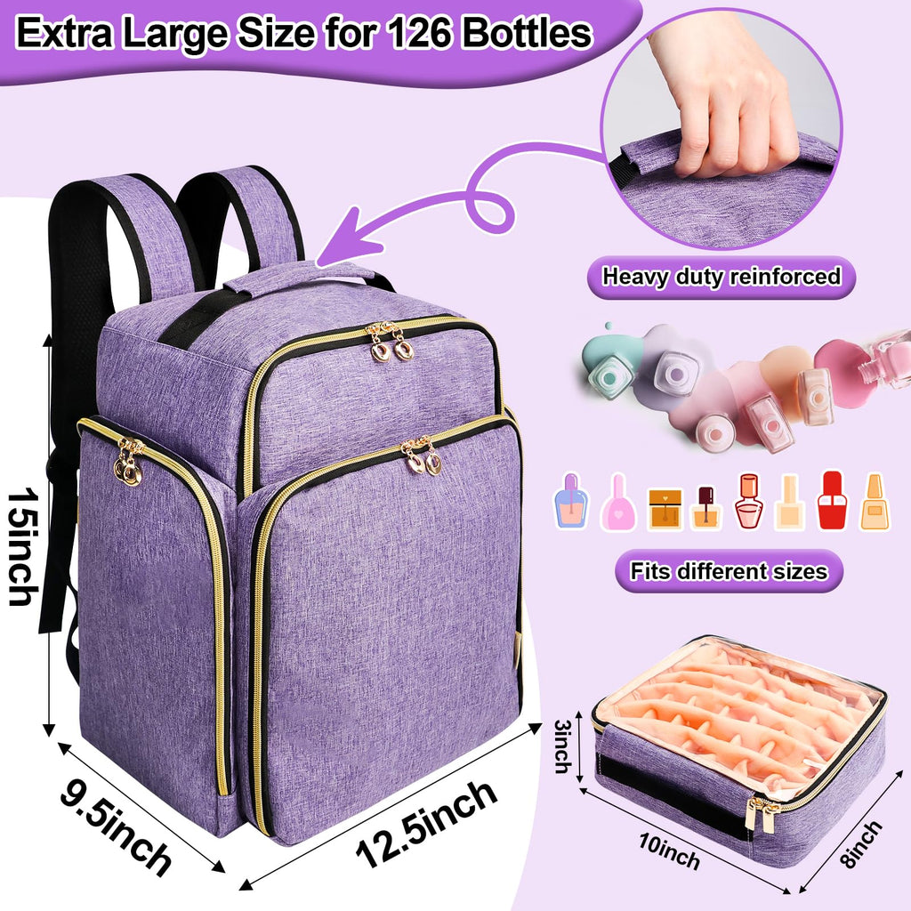 ahzske Nail Polish Organizer Backpack Holds 126 Bottles& Nail Lamp, Extra Large Nail Kit Supplies Organizer Bag with 3 Removable Cases, Portable Nail Organizers and Storage for Travel (Noble Purple)