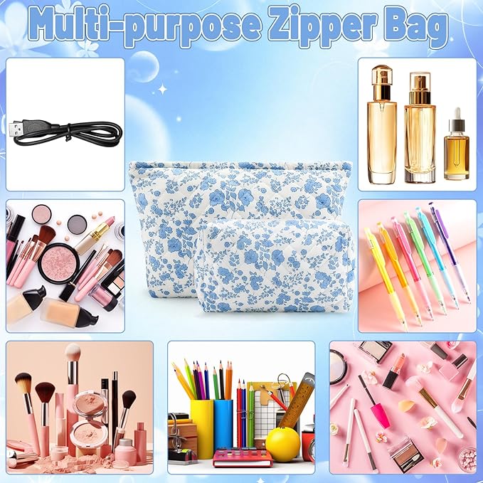 Lestp 2Pcs Small Makeup Bag Quilted Cosmetic Bag Flower Pencil Case Travel Makeup Bag Set for Women Cute Cosmetic Pouch Aesthetic Cotton Toiletry Organizer Storage Bags Puffy Zipper Pouch A