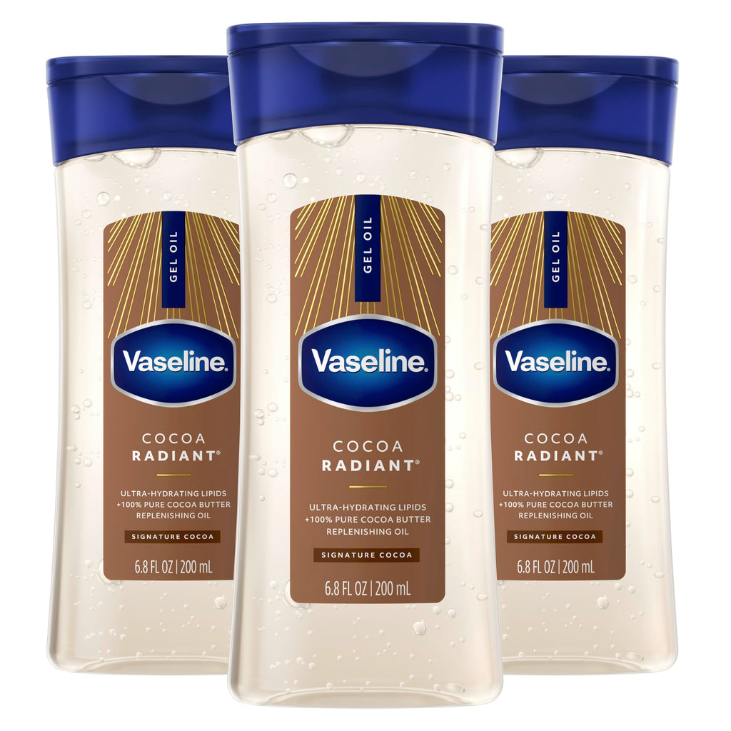 Vaseline Intensive Care Cocoa Radiant Pack of 3 for Glowing Skin Body Gel Oil Made with Pure Cocoa Butter + Replenishing Oils 6.8 fl oz