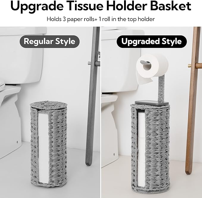 GRANNY SAYS Wicker Freestanding Toilet Paper Holder Stand with Storage, Modern Covered Toilet Paper Stand for 4 Rolls with Shelf for Wet Wipes, Tissue Holder for Bathroom Decor and RV, Gray