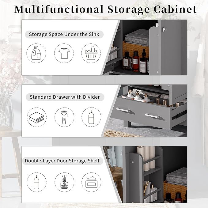 Bellemave 24" Bathroom Vanity with Sink Combo Set, Solid Wood Frame Bathroom Storage Cabinet with a Drawer, 2 Soft Closing Cabinet Doors with Organizer, Grey